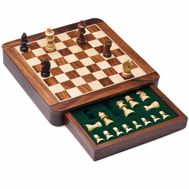Magnetic travel chess set in wood with open drawer and stored pieces
