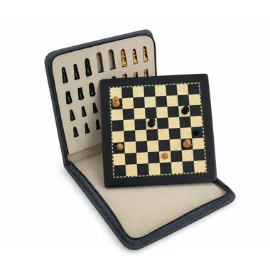Open case showing the magnetic chess board and stored pieces