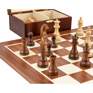 Close-up of rosewood pieces stored in the open birchwood box