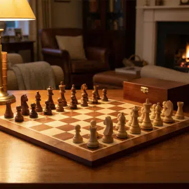 Chess board and rosewood pieces displayed on a table in a living room
