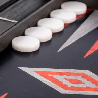 Backgammon set in black and silver oak wood, detail of aligned white checkers