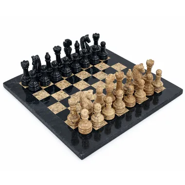 Temple Ancien marble chess set, black and beige pieces on the board
