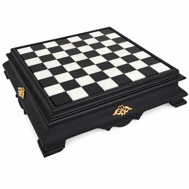 Black and white pedestal chess board, Carrara marble playing surface, overall view