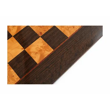 Chess board in lacquered burl wood, close-up of corner and border