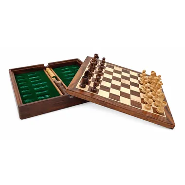 Open travel set with folded chess board and green felt storage compartment