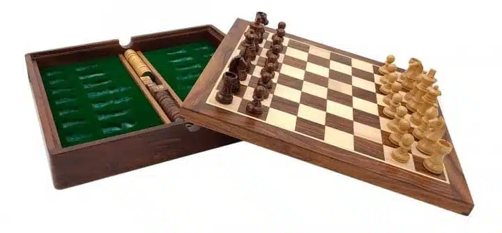 Magnetic Travel Chess Set with Wooden Storage Compartment,, Draughts and Backgammon