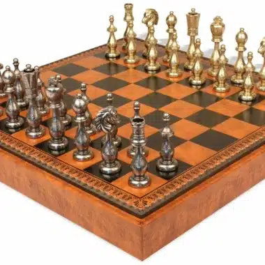 Oriental Chess Set in Faux Leather with Storage and Filigree Metal Chess Pieces