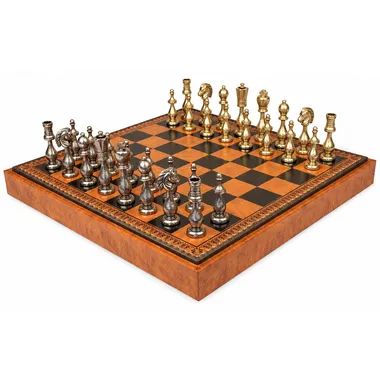 Complete chess set with faux-leather board and gold and silver filigree metal pieces