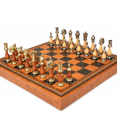 Close-up of gold and silver Staunton pieces on the Arabic Style VIII chess board