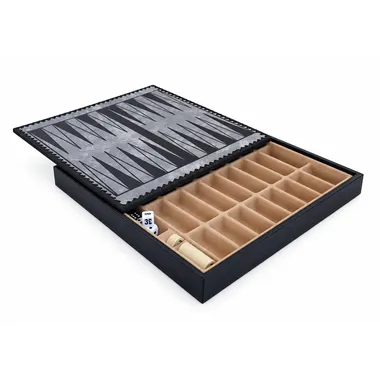 Gold and blue faux leather chessboard open showing the internal storage compartment