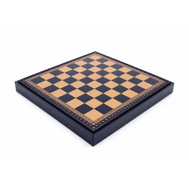 Gold and blue faux leather chessboard closed, shown in perspective with its box