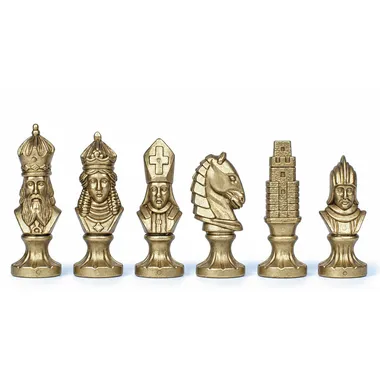 Medieval II metal chess set, close-up of pieces in gold finish
