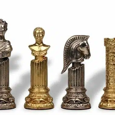 Roman Column metal chess pieces in gold and silver tones, busts on columns
