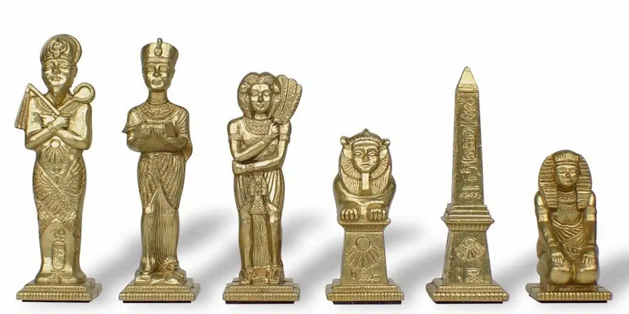 Egyptian Metal Chess Pieces and Briar and Lacquered Walnut Chess Board - Image 5