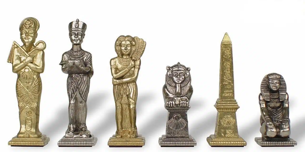 Egyptian Metal Chess Pieces and Briar and Lacquered Walnut Chess Board - Image 4