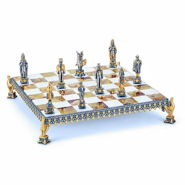 "Russian Revolution of 1917" Set Chess Board and Chess Set in Bronze, Onyx and 24 Carat Gold