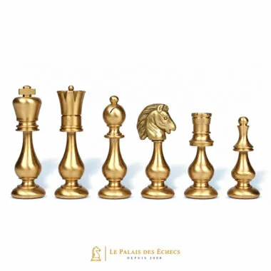 Gold-toned solid brass pieces: king, pawn, knight and rook from the Grand Oriental set