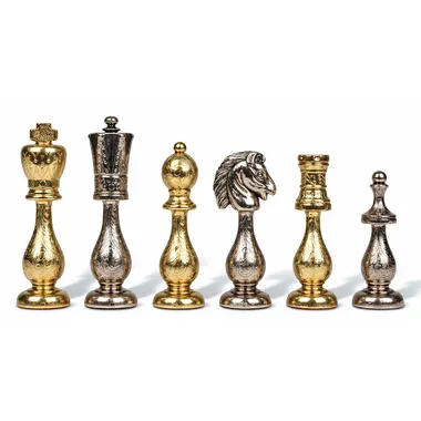 Arabic style metal chess pieces, gold and silver finishes side by side