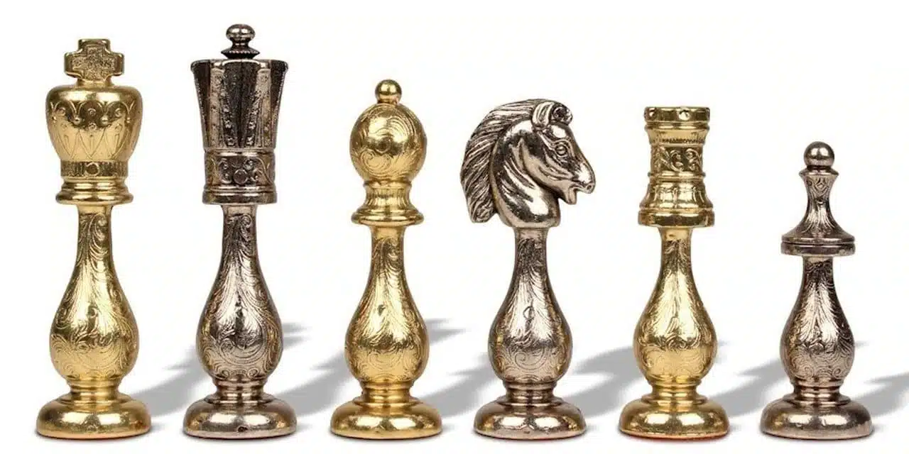 Oriental Chess Set in Faux Leather with Storage and Filigree Metal Chess Pieces - Image 14