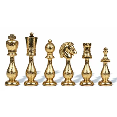 Gold-tone metal chess pieces, Arabic style, detail of king, pawn, knight and rook
