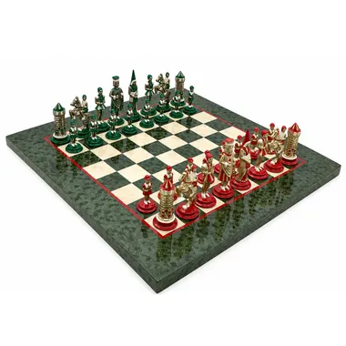 Camelot King Arthur set on olive maple wood chess board, overall view