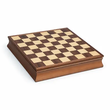 Maple and walnut wood chess board closed, three-quarter view