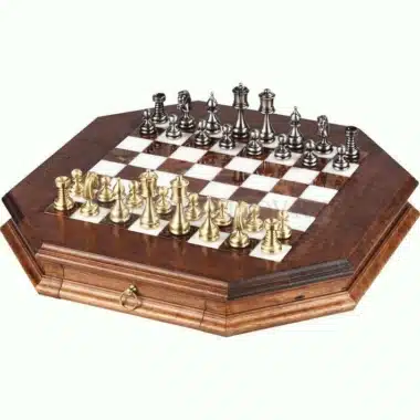 Superior Persian Set, Octagonal Solid Wood Chess Board with Storage Drawer, Alabaster Top & Brass Chess Pieces