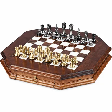 Perse Supérieur set: octagonal wooden chess board with gold and silver pieces