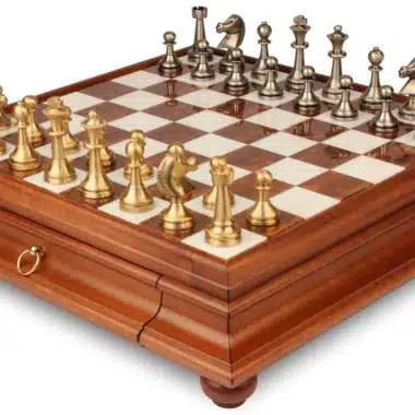 "Large Staunton II" Set - Wooden Pedestal Chess Board with Tuscan Alabaster and Brass Staunton Chess Pieces