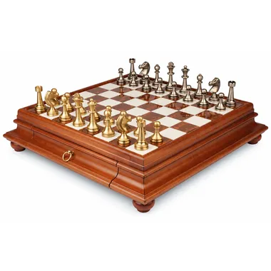 Large Staunton II complete chess set with pedestal board and gold and silver brass pieces