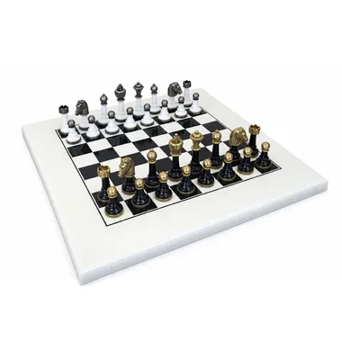 Complete Staunton chess set with lacquered board and gold and silver metal pieces