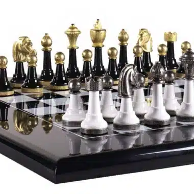 Alternative view of Staunton Design II Chess Set – Lacquered Wooden Chess Board & Solid Metal Chess Pieces in Black and White