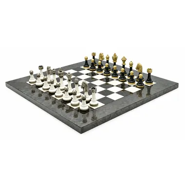 Complete Staunton Design III chess set viewed from the front on the wooden board