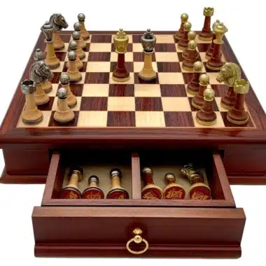 Classic XV Set: Mahogany and Maple Wood Chess Board and Wood and Metal Chess Set