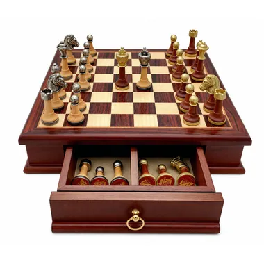 Complete Classic XV chess set with mahogany and maple chess board, drawer open