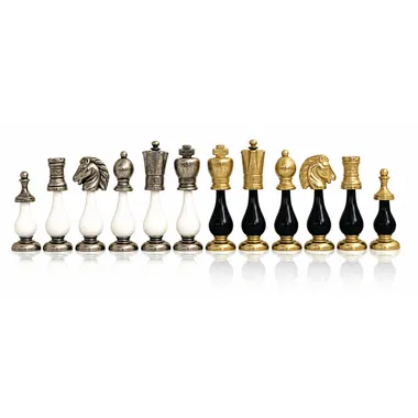 Chess pieces in gold and silver metal with black and white bases