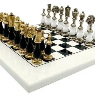 Two-Tone II Black and White Set – Wooden Chess Board and Metal and Wood Staunton Chess Set