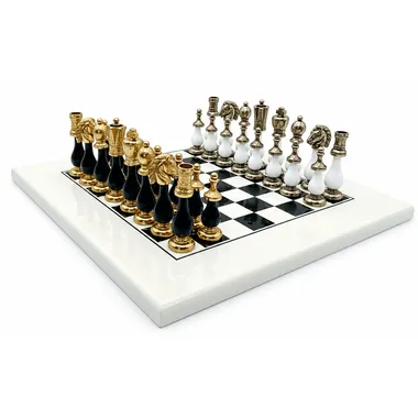 Complete Bicolore II chess set, metal and wood pieces on a black and white board