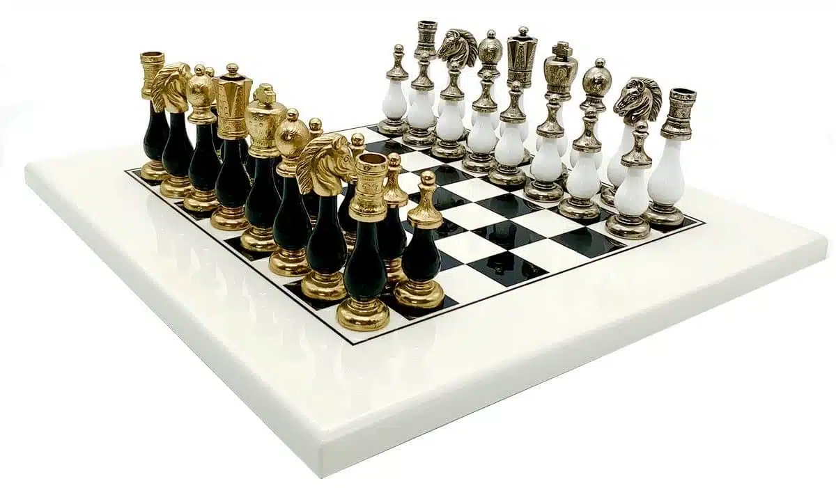 Two-Tone II Black and White Set – Wooden Chess Board and Metal and Wood Staunton Chess Set