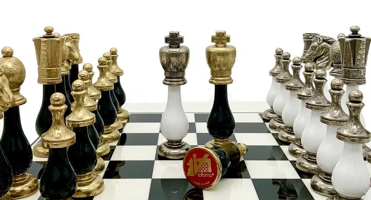 Two-Tone II Black and White Set – Wooden Chess Board and Metal and Wood Staunton Chess Set - Image 3