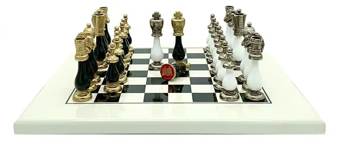 Two-Tone II Black and White Set – Wooden Chess Board and Metal and Wood Staunton Chess Set - Image 2
