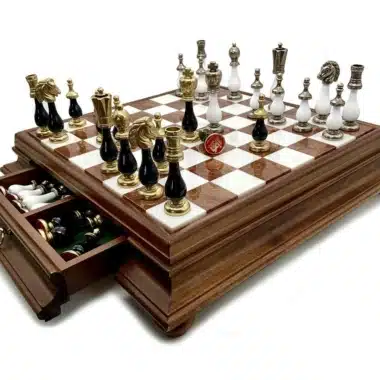 Black and White Bicolour III Set Wooden Chess Board with Alabaster Top and Metal and Wood Chess Pieces