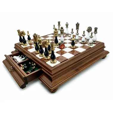 Complete chess set in wood and alabaster with open drawer and metal pieces