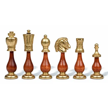 Arabic Style chess pieces fully gold-toned, detail of rook and knight