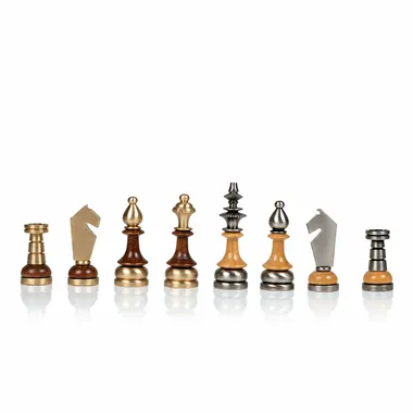 Stylised chess pieces in wood and solid brass lined up