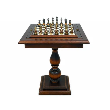 Pedestal chess table in wood with alabaster and marble top