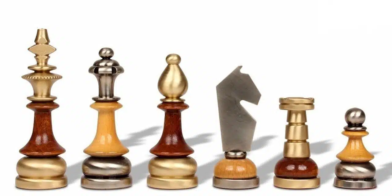 Solid Brass and Wood Chess Set with Glossy Burr Walnut Chess Board - Image 3