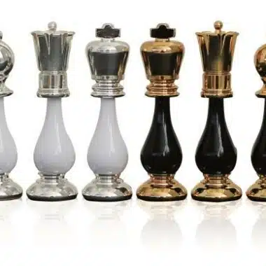 Black and White Chess Set in Wood and Solid Brass, 24-Carat Gold and Silver Plated