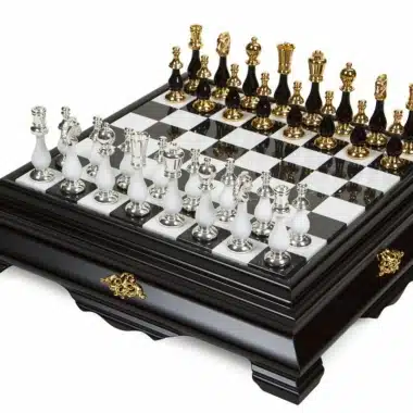 Luxury Art Deco Black and White Wooden Pedestal Chess Board with Carrara Marble Playing Surface, Storage and 24-Carat Gold Black and White Chess Set