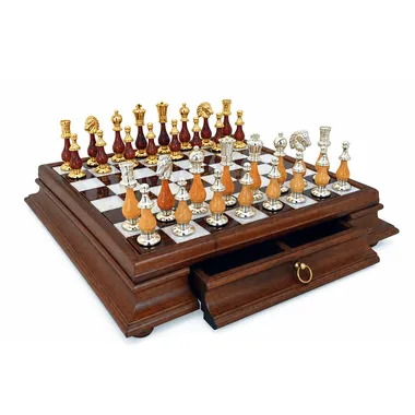 "Large Oriental" Set Pedestal Chess Board in Solid Wood with Tuscan Alabaster Top and Storage Drawer & Gold and Silver Plated Wood and Brass Chess Set